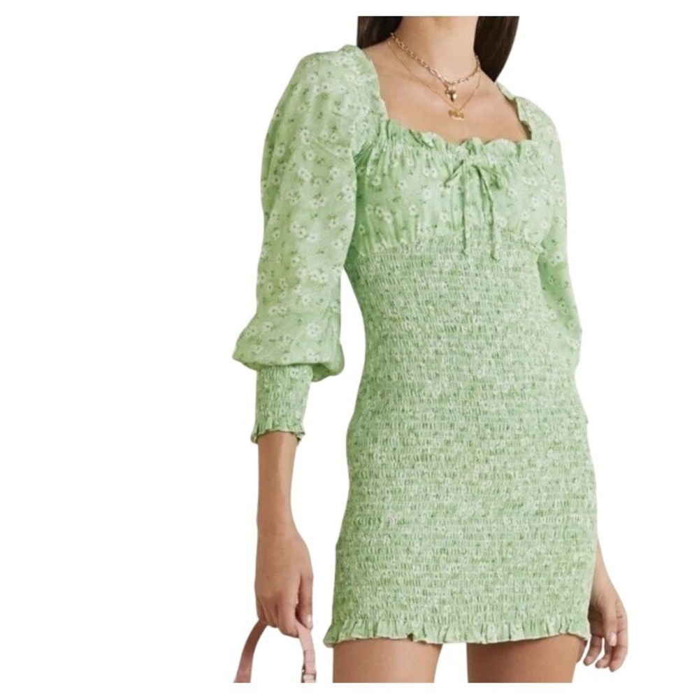 $20 EUC TIMING long sleeve dress M green white floral gathered bodice tie square
